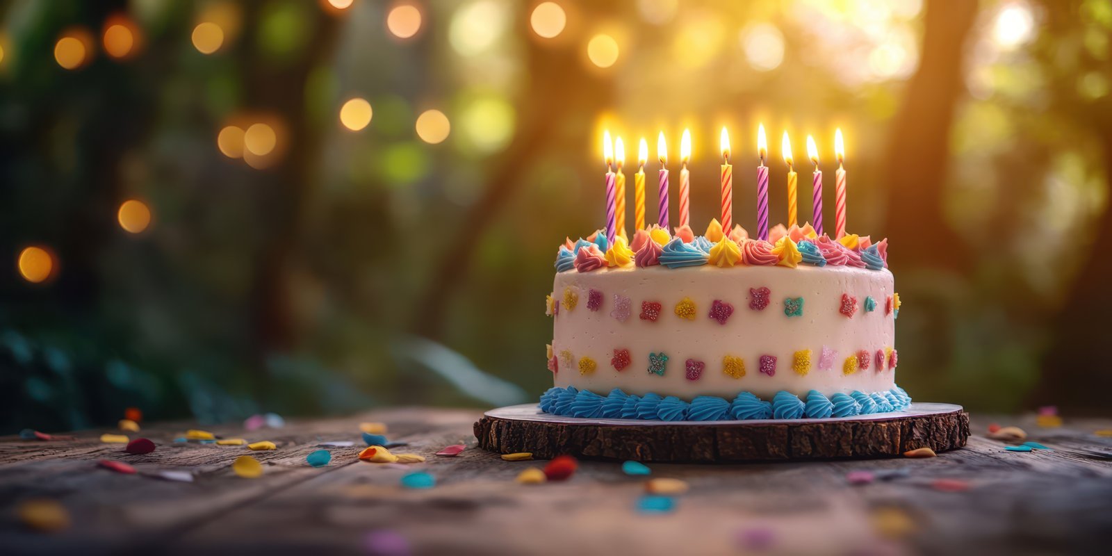 Brightly decorated birthday cake with candles glowing in a garden setting during golden hour